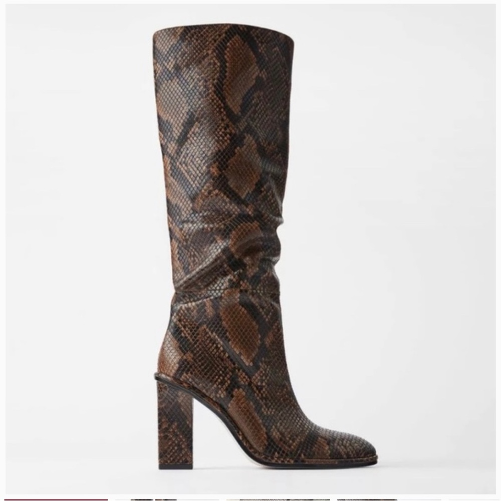 Zara Knee-high Brown Faux Python Boots